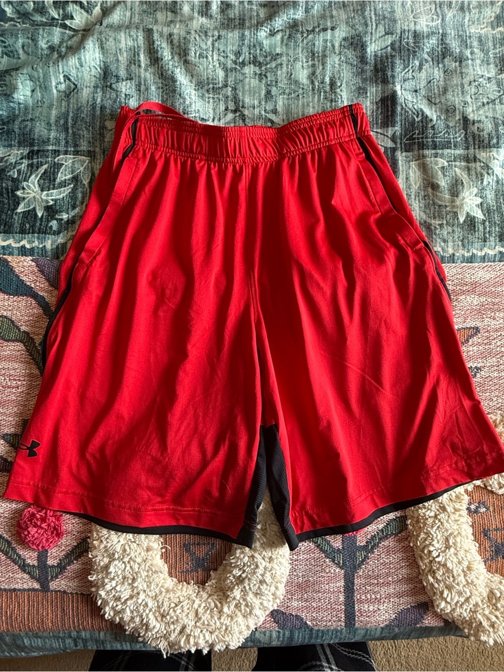Under Armour Men's Bright Red Athletic Shorts with Black Trim